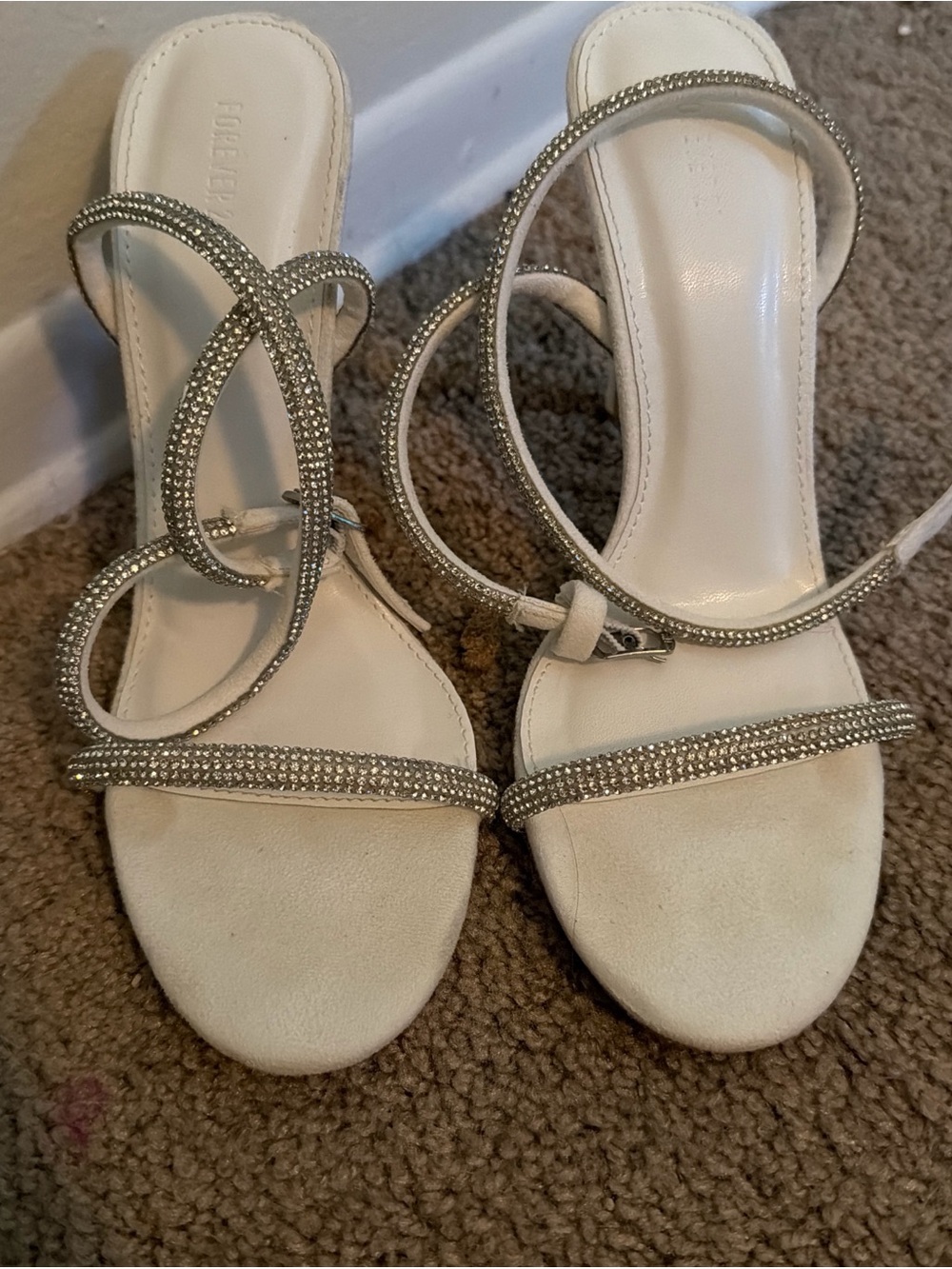 Forever 21 White Crystal-Strap Ankle-Heel Sandals